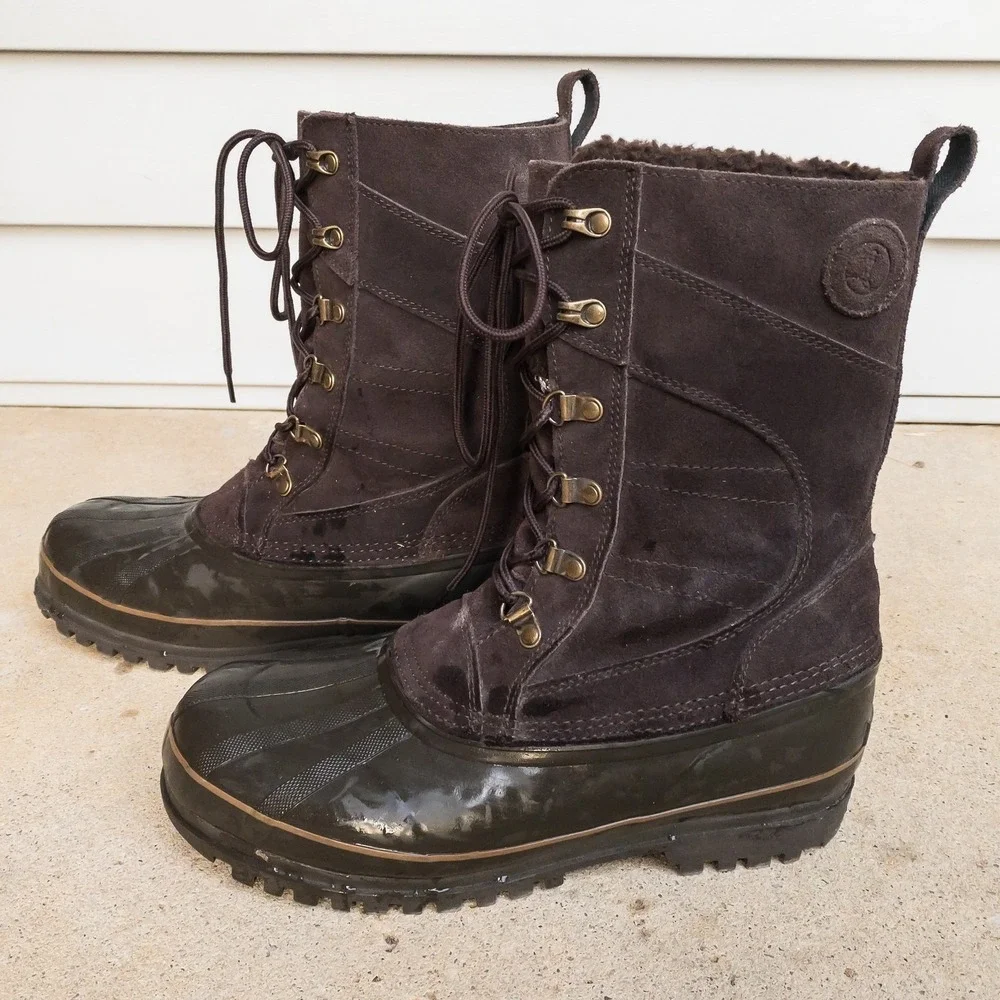 Lands' End Duck Boots Mens 8D Brown Suede Insulated Snow Winter Rubber Suede